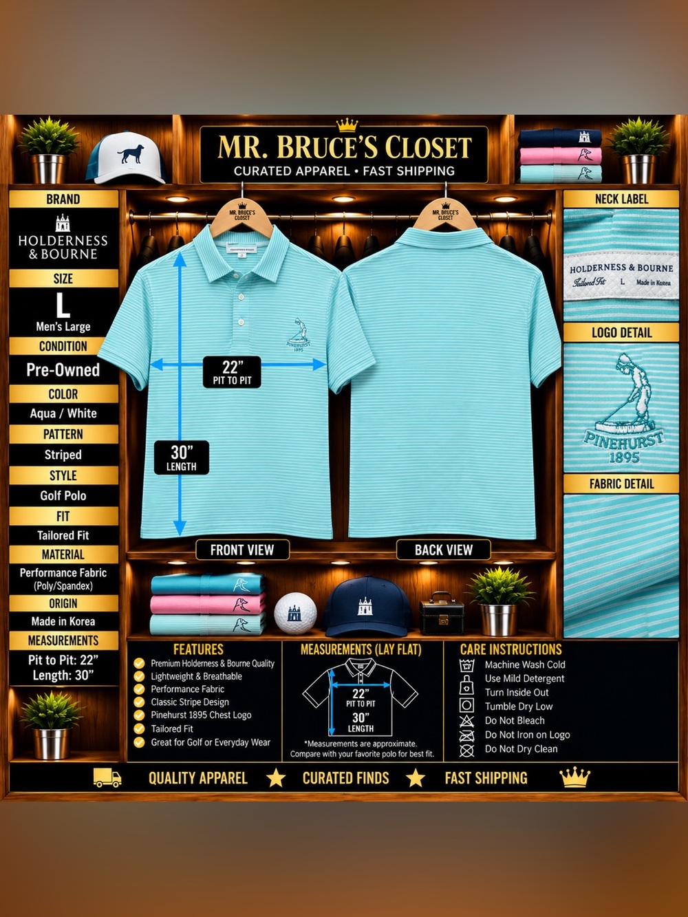 Holderness & Bourne Aqua Striped Golf Polo - Men's Large